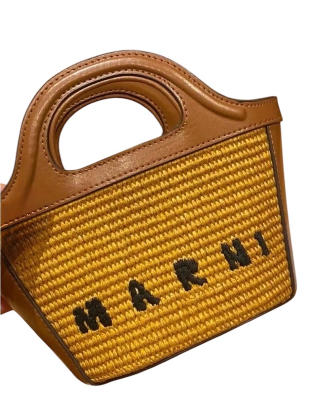 Marni Mustard Woven Mini Tote with Tan Leather Trim